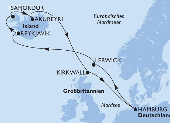 Rund um Island mit MSC Preziosa - Routenkarte