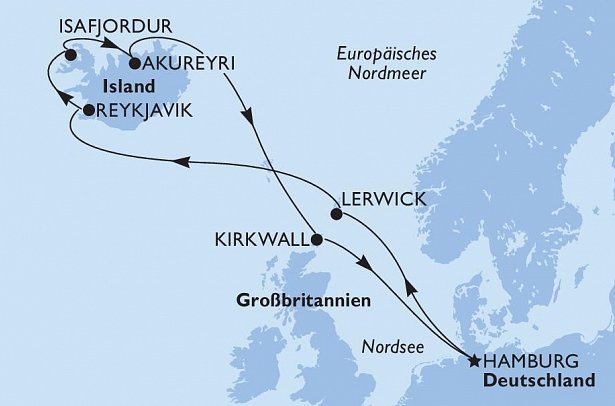Rund um Island mit MSC Preziosa - Routenkarte
