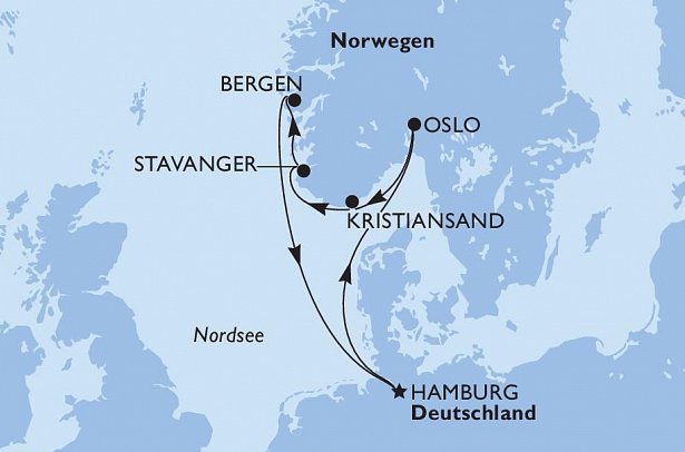 Südnorwegen mit MSC Preziosa - Routenkarte