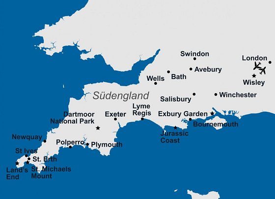 Rundreise Südengland - Cornwall Blütenzauber der Rhododendren - Routenkarte