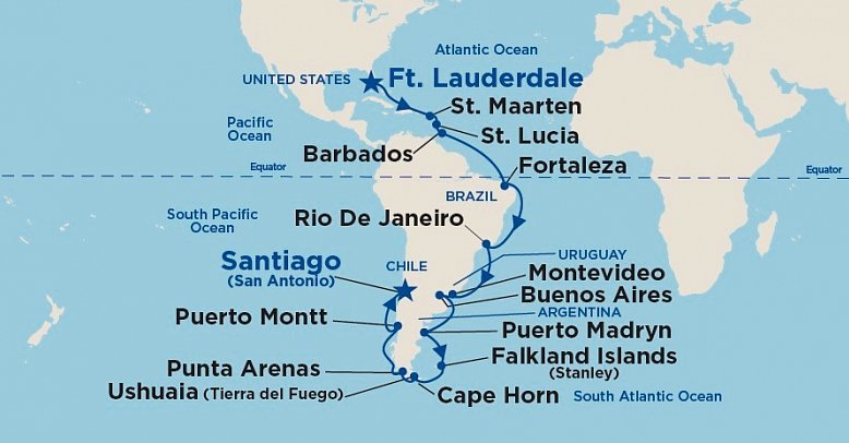 Florida bis Chile & Cape Horn mit Majestic Princess - Routenkarte