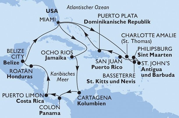 Mittelamerika & Karibik mit MSC Poesia - Routenkarte