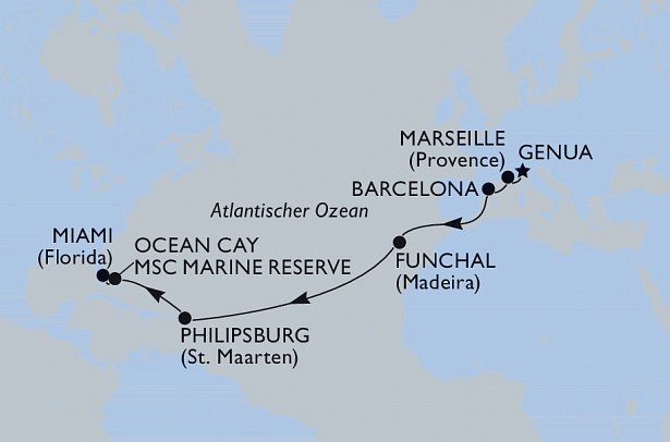 Transatlantik Genua - Miami mit MSC Poesia - Routenkarte