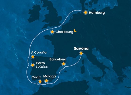 Italien-Hamburg mit Costa Favolosa - Routenkarte