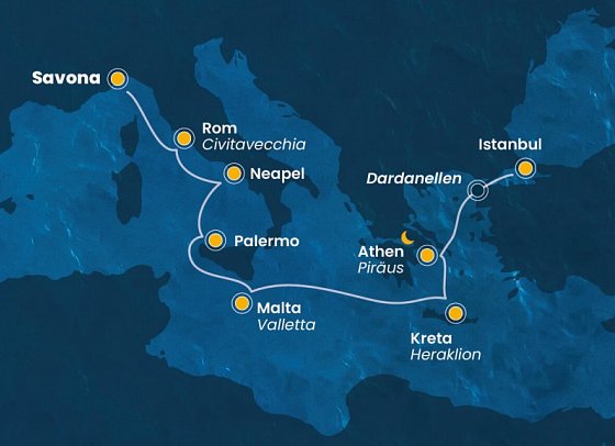 Östliches Mittelmeer & Istanbul mit Costa Pacifica - Routenkarte