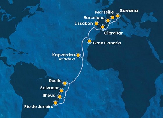 Transatlantik Italien bis Brasilien mit Costa Favolosa - Routenkarte