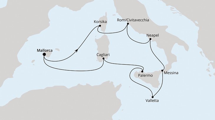 Italien & Mittelmeerinseln mit AIDAstella - Routenkarte