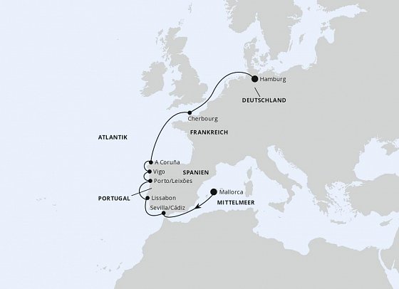 Von Mallorca über Portugal nach Hamburg mit AIDAperla - Routenkarte