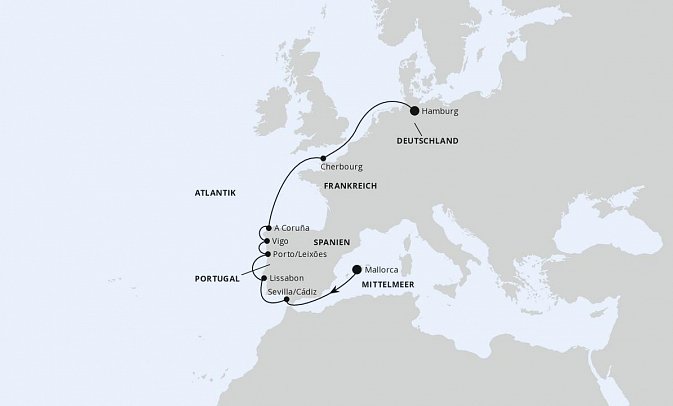 Von Mallorca über Portugal nach Hamburg mit AIDAperla - Routenkarte