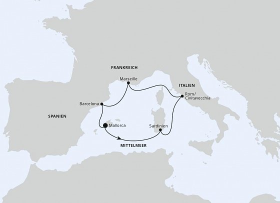 Mediterrane Schätze mit AIDAcosma - Routenkarte