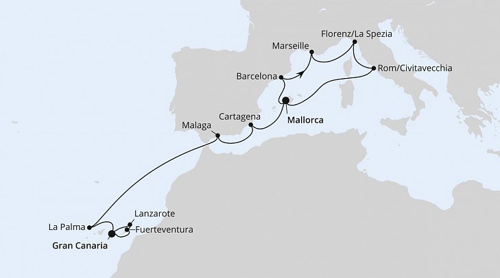 Perlen am Mittelmeer & Kanaren mit AIDAcosma - Routenkarte