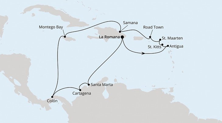 Karibik inkl. Panama und Kolumbien mit AIDAblu - Routenkarte