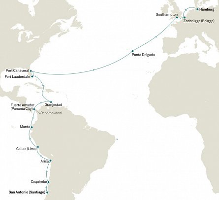 Transatlantik Santiago de Chile bis Hamburg mit Queen Anne - Routenkarte