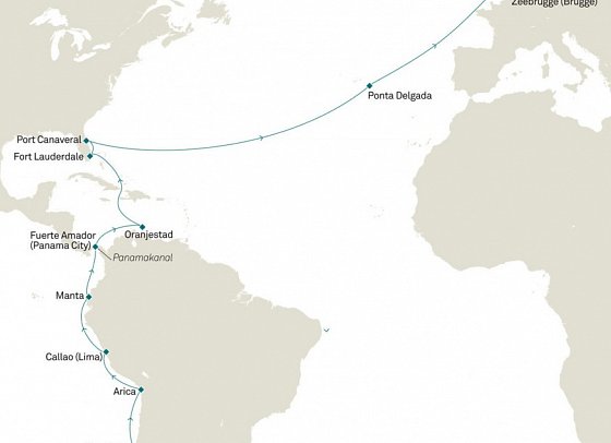Transatlantik Santiago de Chile bis Hamburg mit Queen Anne - Routenkarte