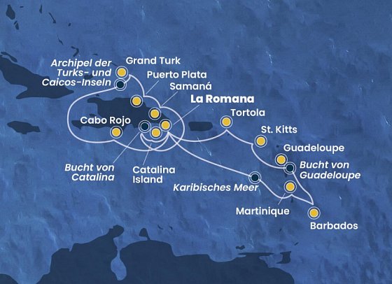 Große Karibikkreuzfahrt mit Costa Fascinosa - Routenkarte