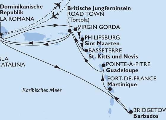 Karibische Inseln mit MSC Opera - Routenkarte
