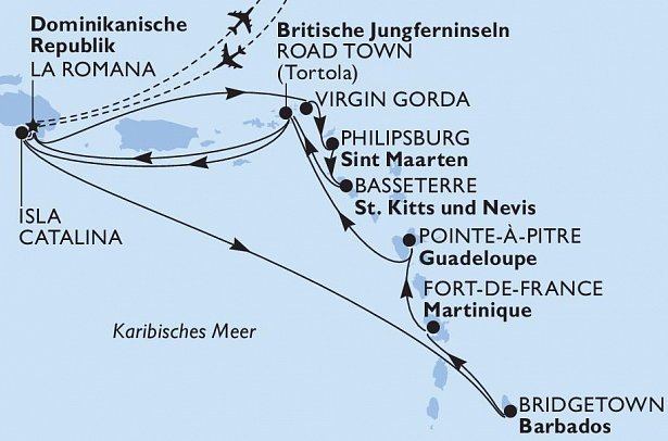 Karibische Inseln mit MSC Opera - Routenkarte
