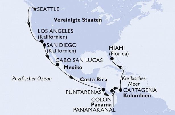 Seattle bis Miami & Panamakanal mit MSC Poesia - Routenkarte