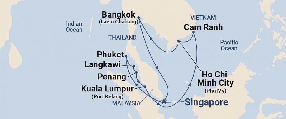 Singapur, Malaysia und Thailand mit Diamond Princess - Routenkarte