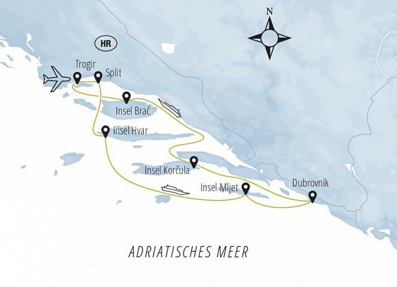Blaue Reise - Kreuzfahrt zwischen 1000 Inseln ab/bis Trogir - Routenkarte