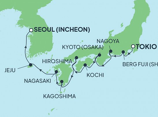 Japan & Südkorea mit Norwegian Jade - Routenkarte