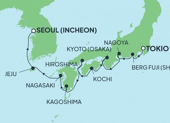 Japan & Südkorea mit Norwegian Jade - Routenkarte