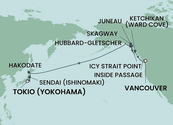 Japan bis Kanada mit Norwegian Jade - Routenkarte