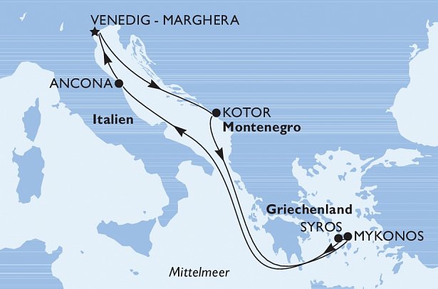 Östliches Mittelmeer & Griechenland mit MSC Lirica - Routenkarte