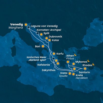 Griechische Inseln ab/bis Venedig mit Costa Deliziosa - Routenkarte