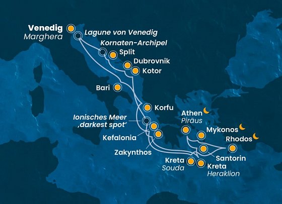 Griechische Inseln ab/bis Venedig mit Costa Deliziosa - Routenkarte