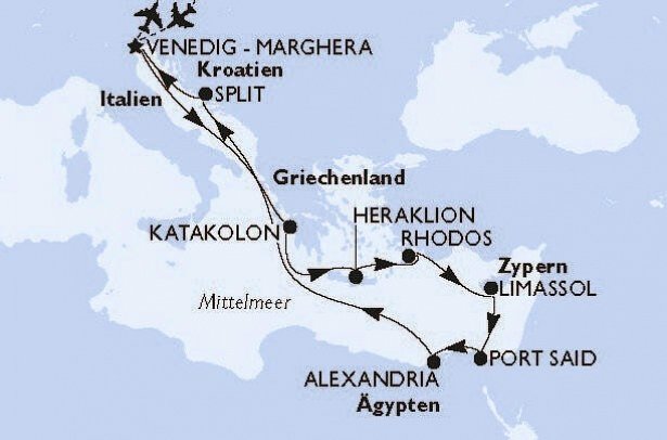 Italien, Griechenland, Zypern, Ägypten & Kroatien mit MSC Lirica - Routenkarte