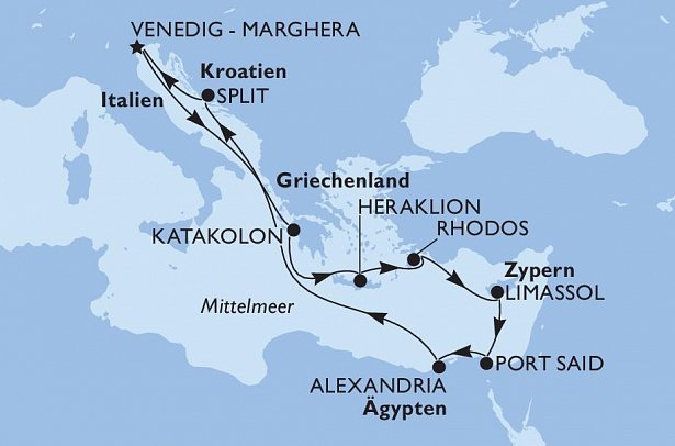 Östliches Mittelmeer mit MSC Lirica - Routenkarte