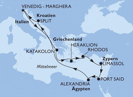 Griechenland, Zypern, Ägypten mit MSC Lirica - Routenkarte